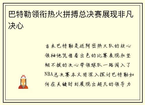 巴特勒领衔热火拼搏总决赛展现非凡决心